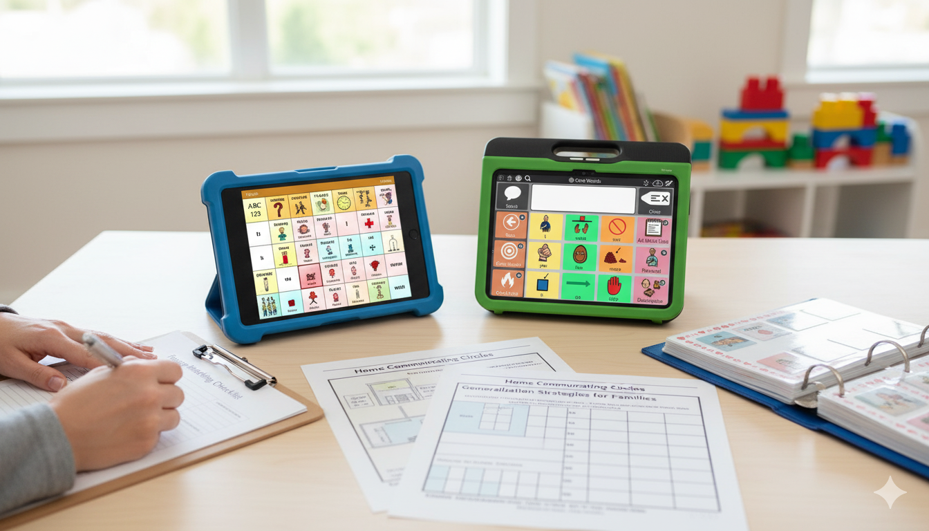 Table with communication devices, worksheets, and binders in a classroom setting