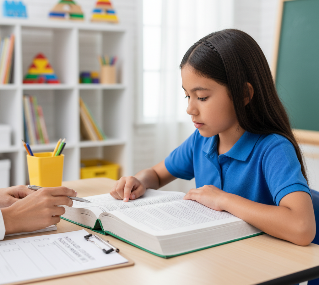A young girl in a blue shirt reading a large book at a desk, with a person holding a pen pointing at the book, in a classroom setting.