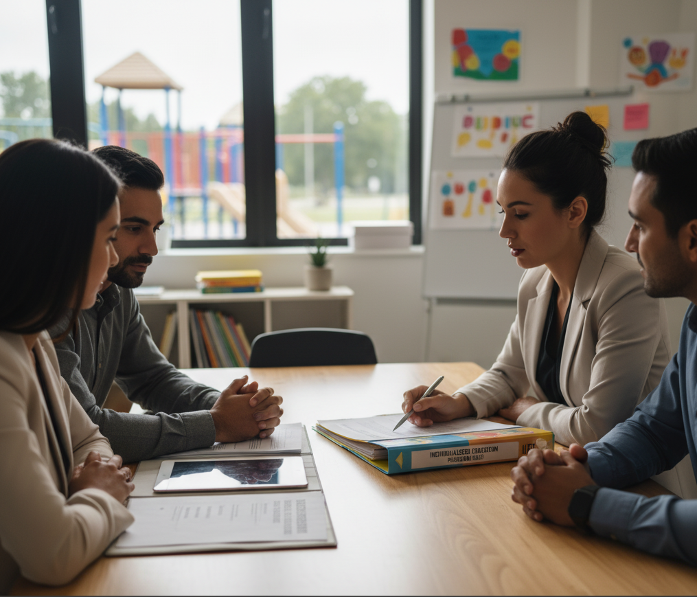 Four adults sitting at a wooden table in a IEP meeting room, engaged in a discussion, with a window showing a playground outside behind them.