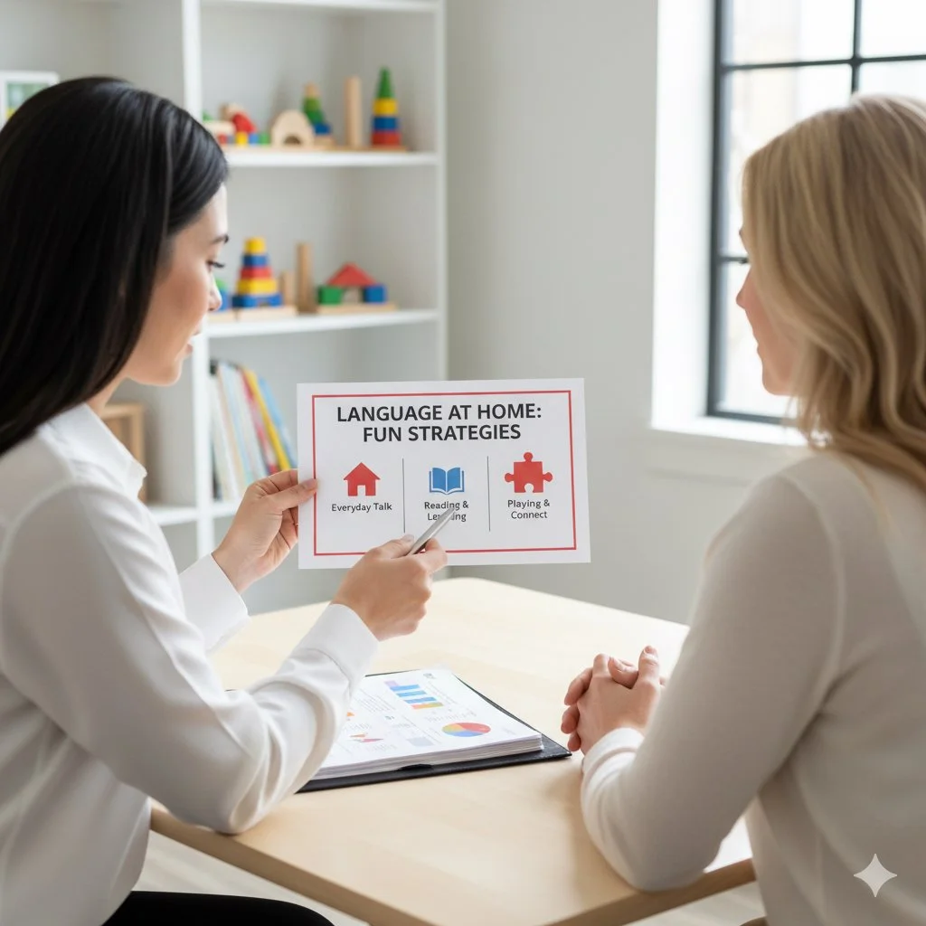 Two women are sitting at a table, with one holding a sign that says 'Language at Home: Fun Strategies' and lists three strategies with icons: 'Everyday Talk,' 'Reading & Listening,' and 'Playing & Connect.'