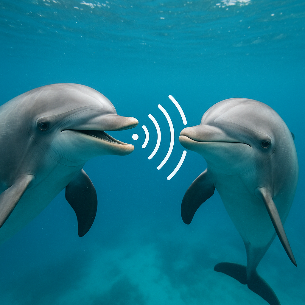 Two dolphins underwater facing each other, appearing to communicate with sound waves depicted between them.