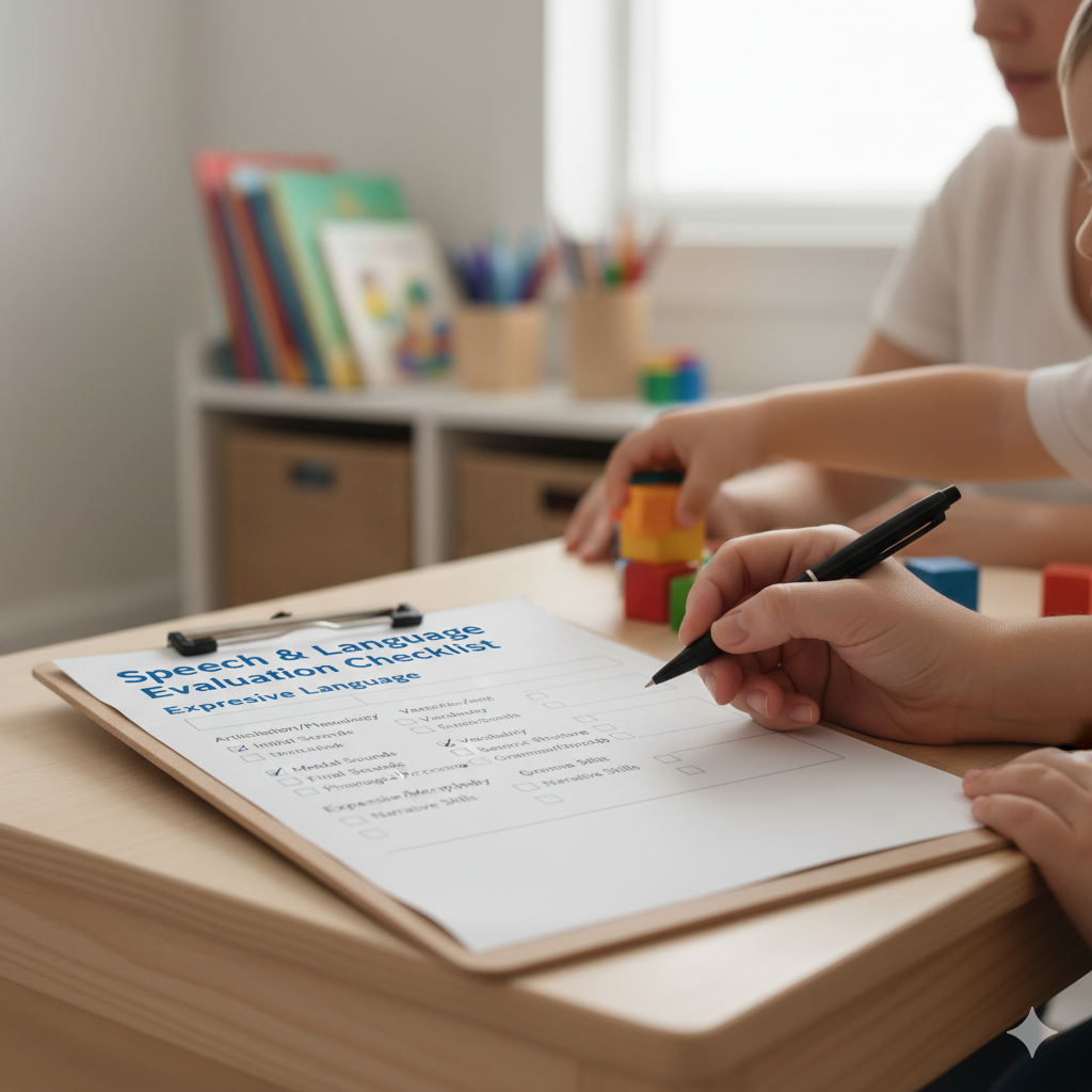 Child filling out a Speech & Language Evaluation Checklist for expressive language at a desk, with colorful toys and books in the background.