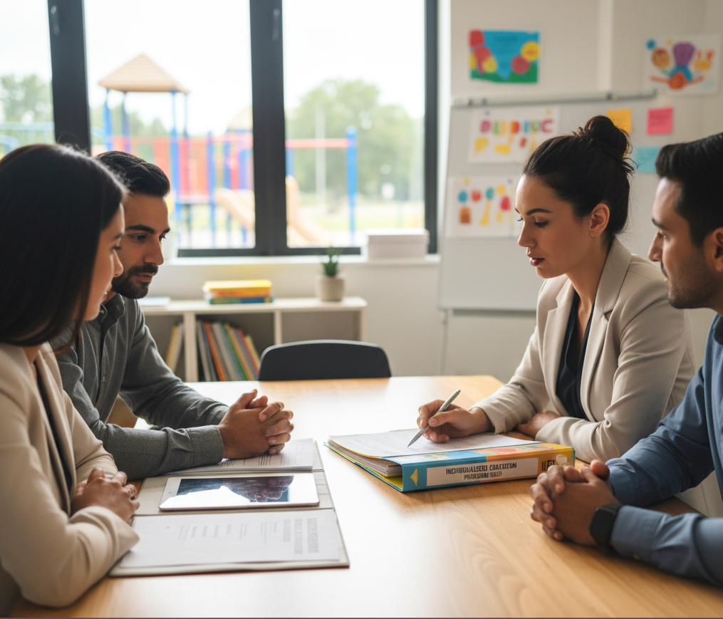 Four adults sitting at a conference table in a classroom, engaged in a discussion, with a large window showing a playground outside.