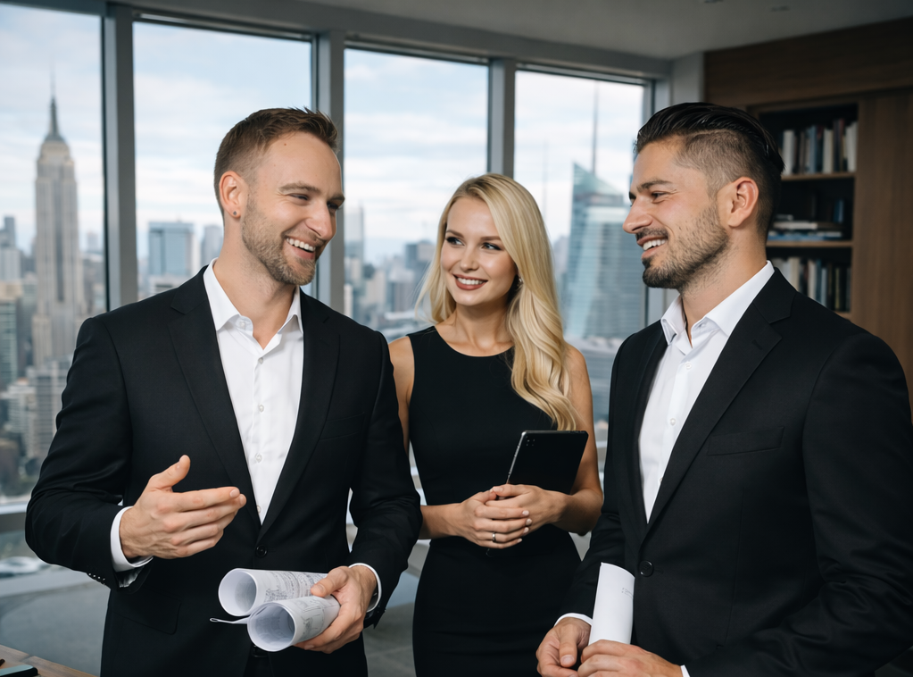 Three business professionals, two men and one woman, in a high-rise office with a city skyline view, engaging in a conversation.
