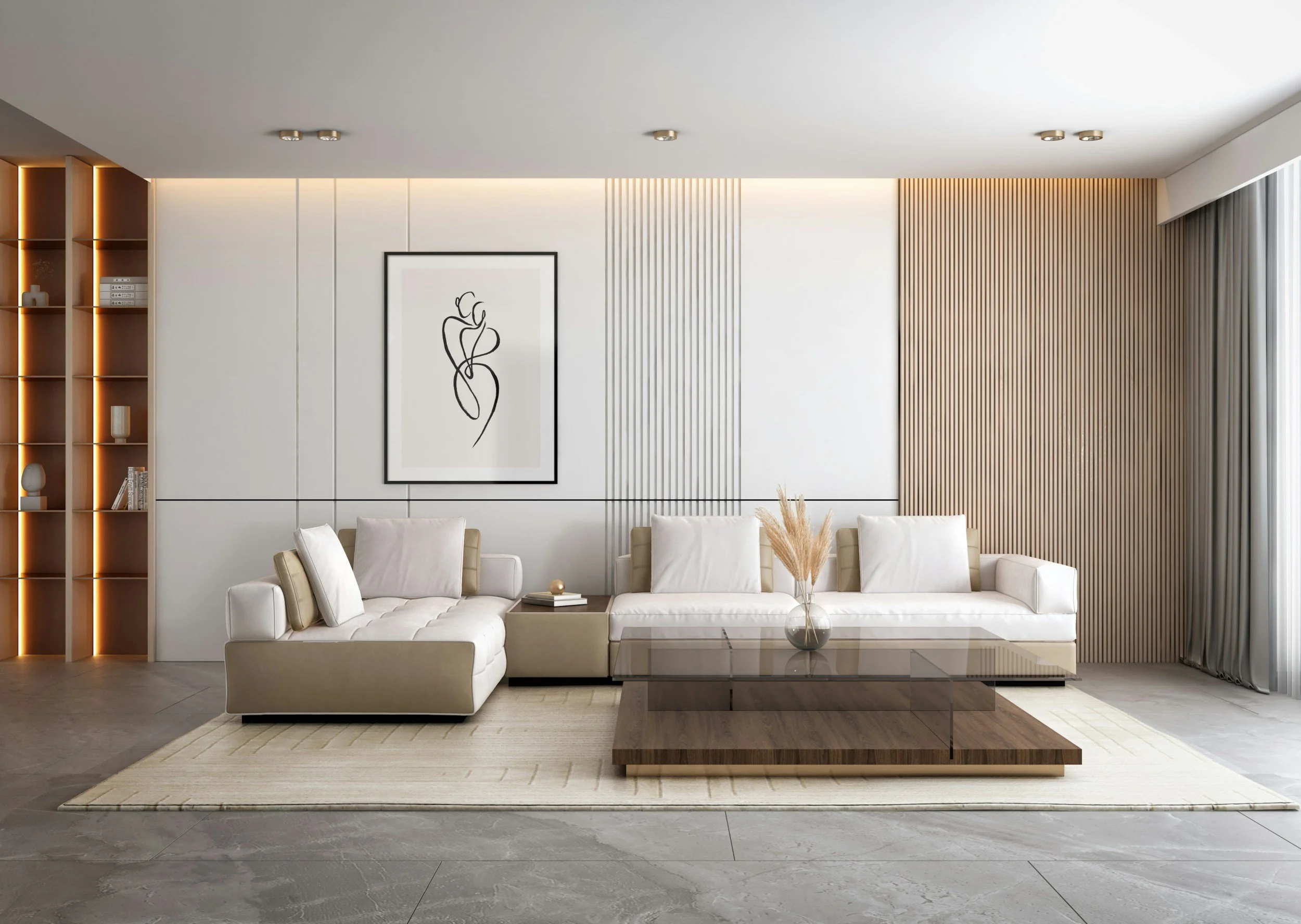 Modern living room interior with white sectional sofa, glass coffee table with wooden base, abstract black line art picture on white wall, built-in wooden shelves with decor, and large windows with curtains.