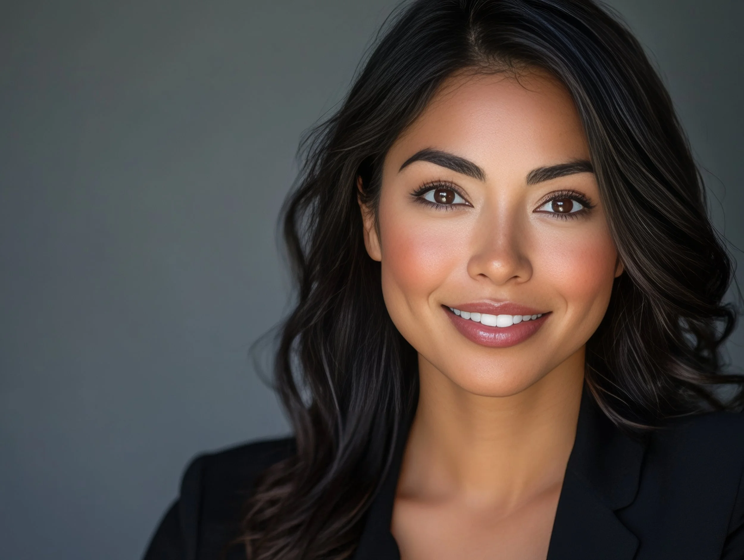 Close-up portrait of a smiling woman with long, dark wavy hair, wearing a black blazer, against a gray background.
