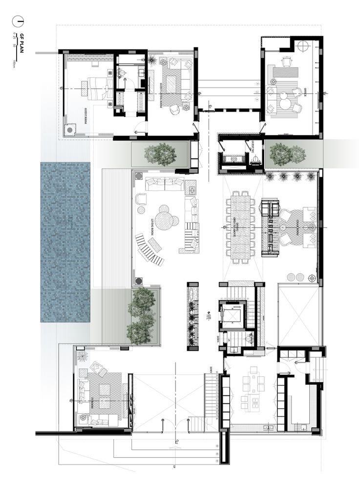 Architectural floor plan of a modern house, showing rooms, furniture, outdoor areas, a pool, and landscaping.