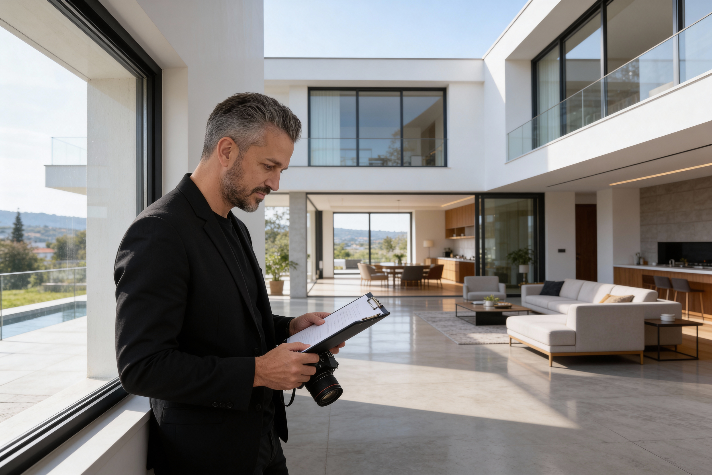 A man with gray hair and beard in a black suit holding a clipboard and camera inside a modern, spacious house with large windows and open living area.