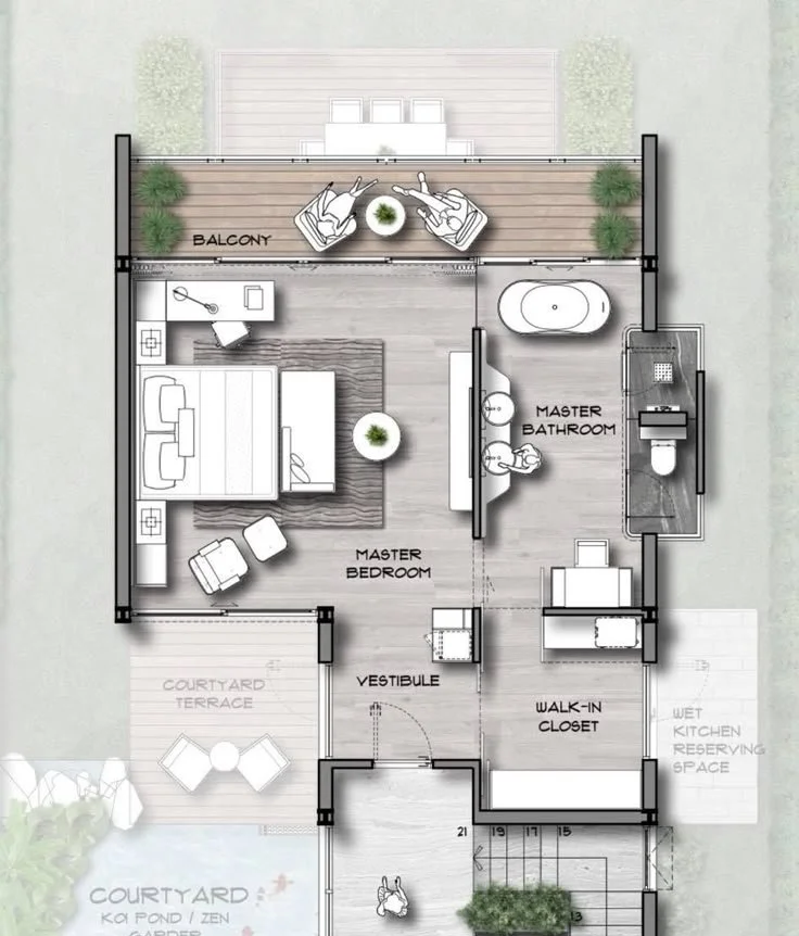 Floor plan of a bedroom suite featuring a master bedroom, master bathroom, walk-in closet, vestibule, balcony with seating, and courtyard areas. The master bedroom includes a bed, nightstands, and sitting chairs, with direct access to the balcony, courtyard terrace, and courtyard.
