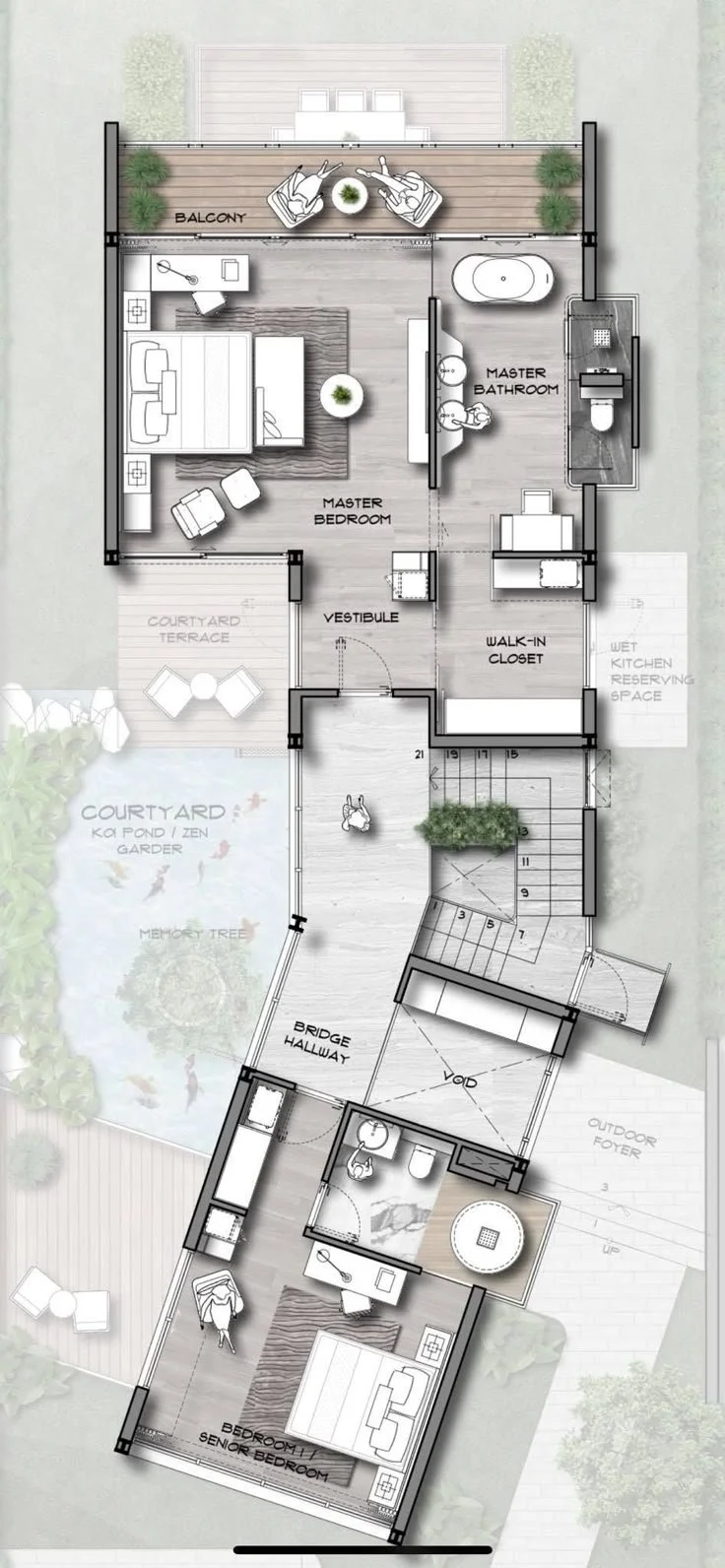 Floor plan of a house with a bedroom, bathroom, walk-in closet, vestibule, courtyard terrace, koi pond, Zen garden, bridge hallway, and outdoor foyer, including balconies and outdoor seating areas.