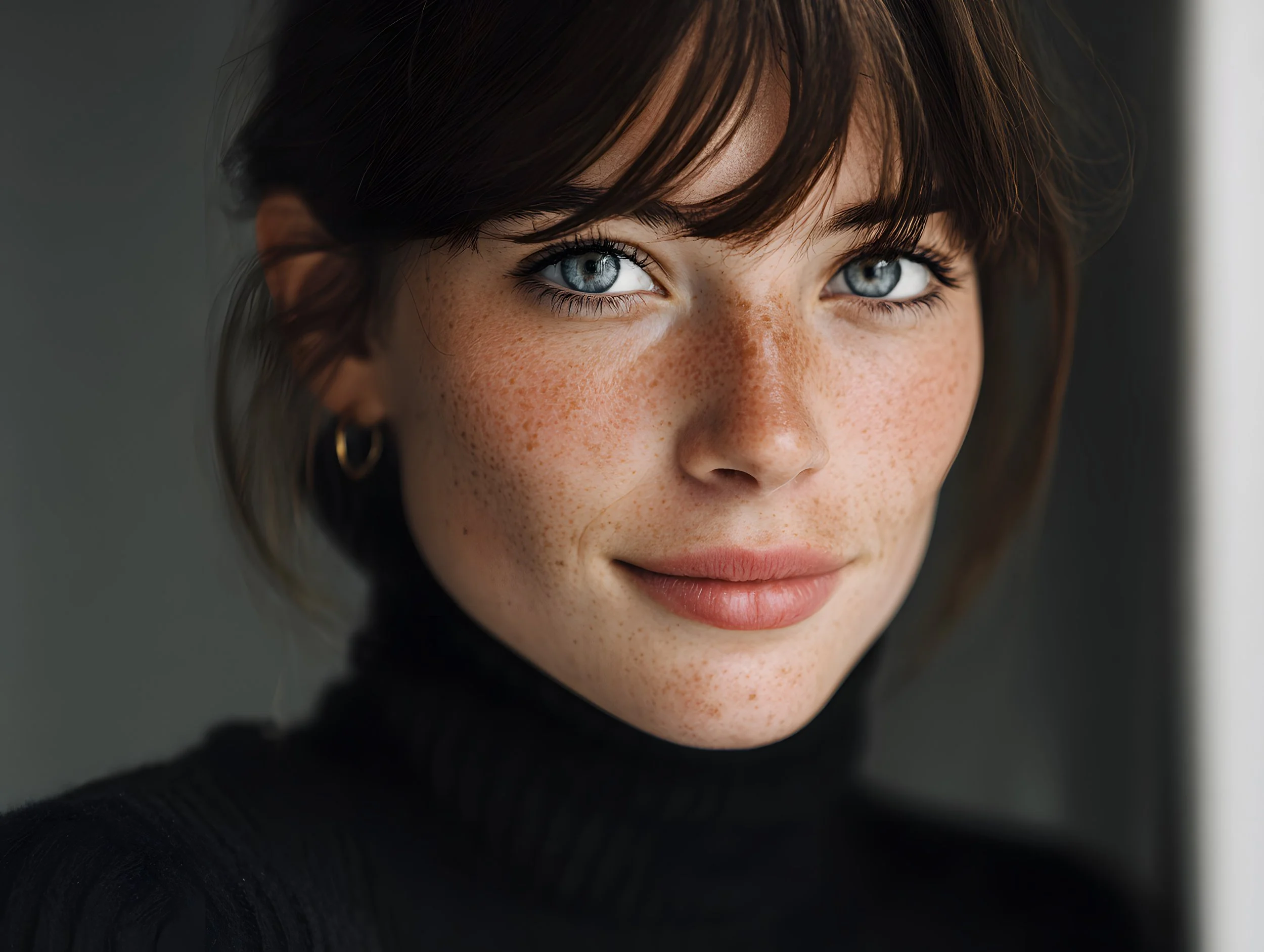 Close-up portrait of a young woman with short brown hair, freckles, and blue eyes, wearing a black turtleneck and a gold hoop earring, looking at the camera with a slight smile.