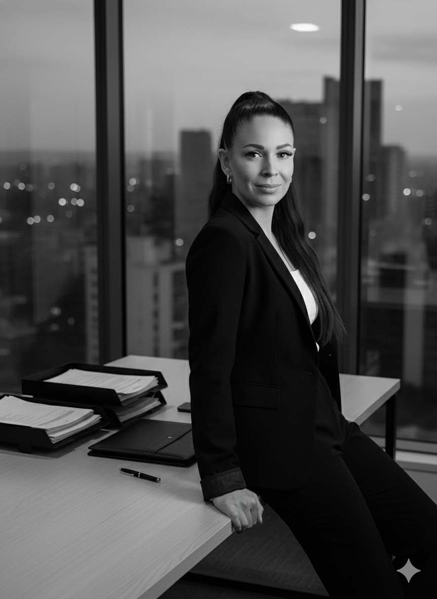 Black and white photo of a woman in business attire sitting on a desk in a modern office with large windows and a city skyline background.