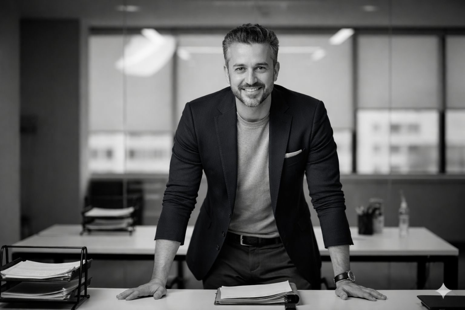 A smiling man in business attire leaning on a desk in an office.