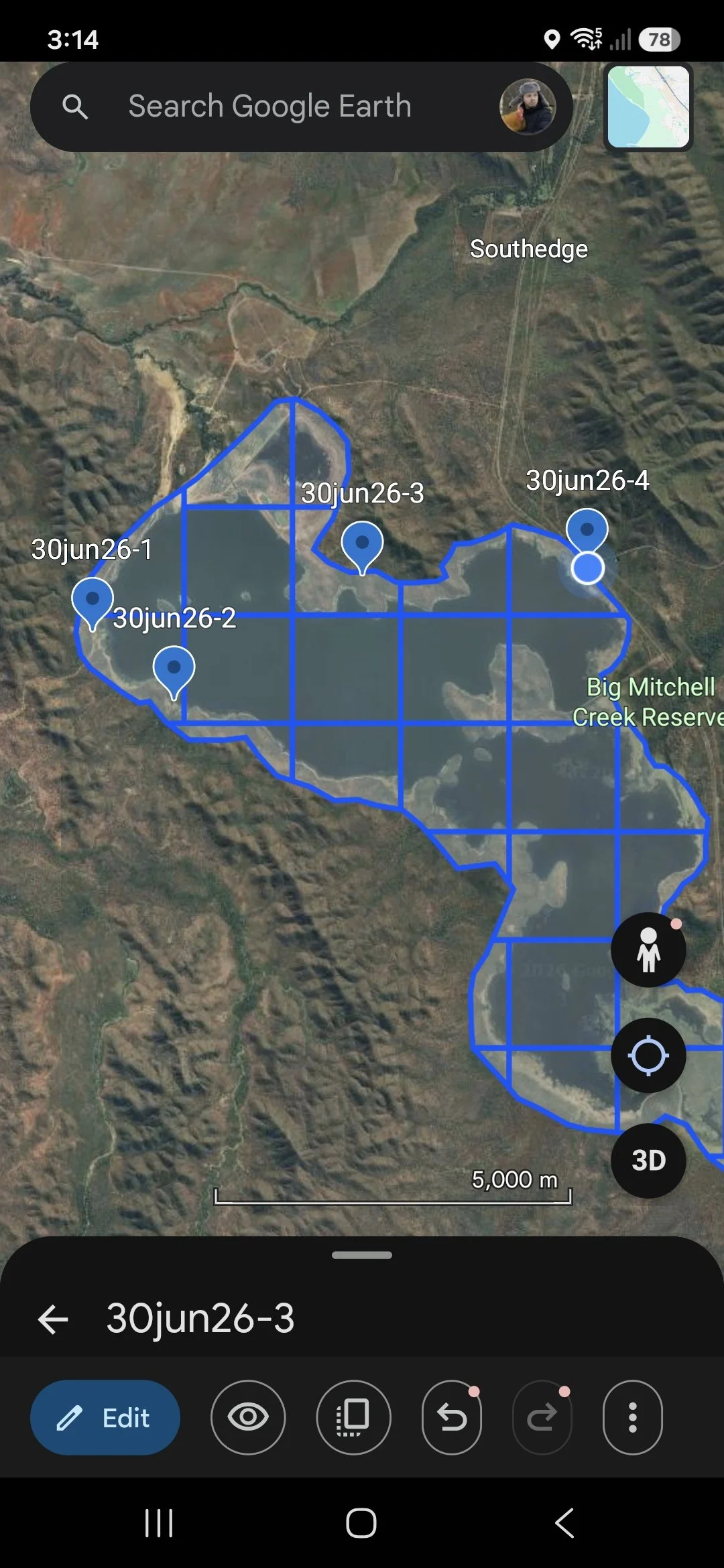 Map showing a reservoir with grid lines and marked sections labeled 30jun26-1 to 30jun26-4, and surrounding terrain with mountains and a nearby creek reserve.