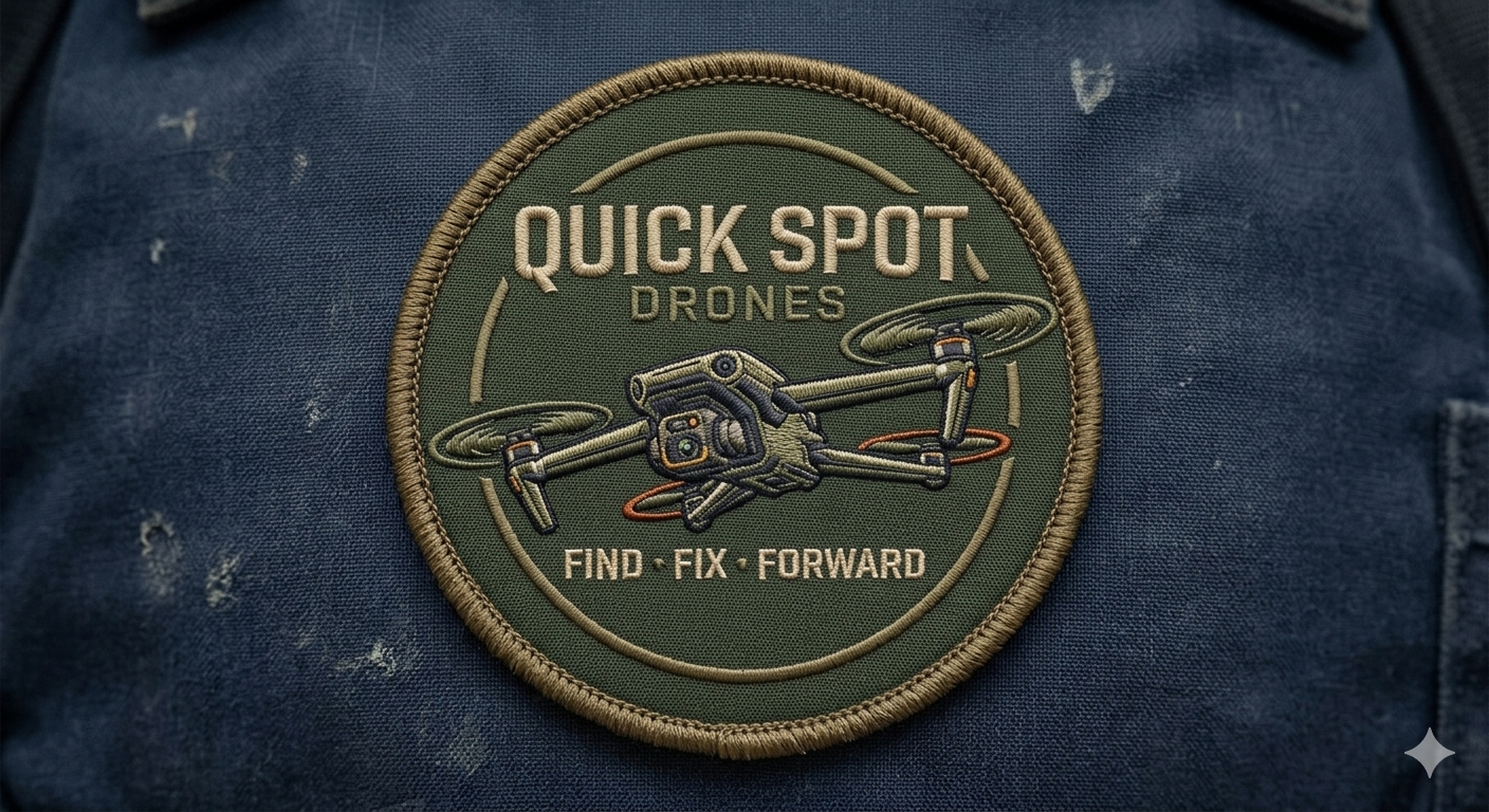 Close-up of a green circular embroidered patch with a drone illustration, reading 'Quick Spot Drones' and 'Find Fix Forward,' on a dark fabric background.