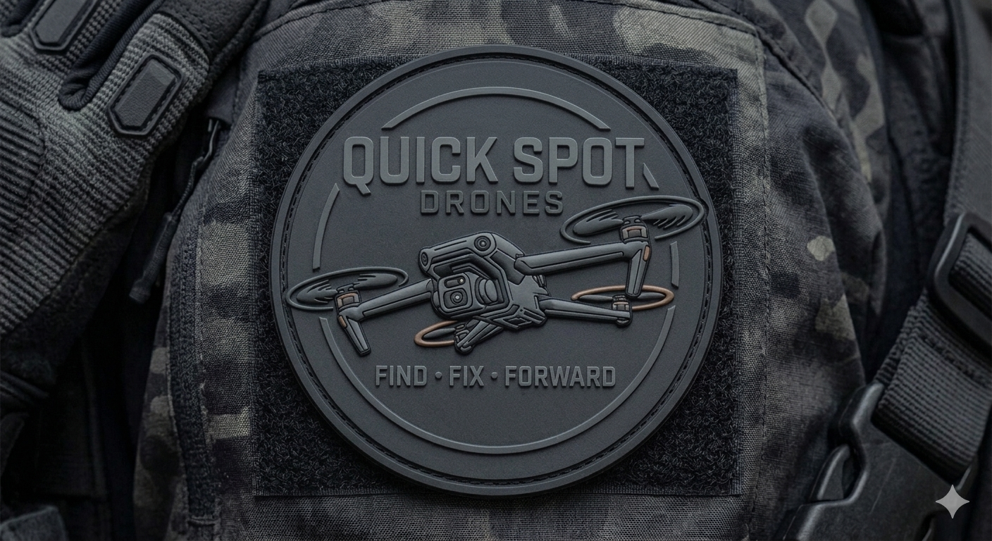 Close-up of a circular patch on a tactical vest featuring a drone illustration, with the words "Quick Spot Drones," and the tagline "Find Fix Forward."