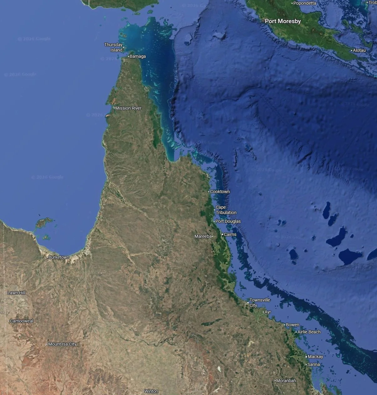Satellite map view of the northern part of Australia, including Queensland and parts of Papua New Guinea, showing cities like Cairns, Townsville, and Port Moresby, with surrounding waters.