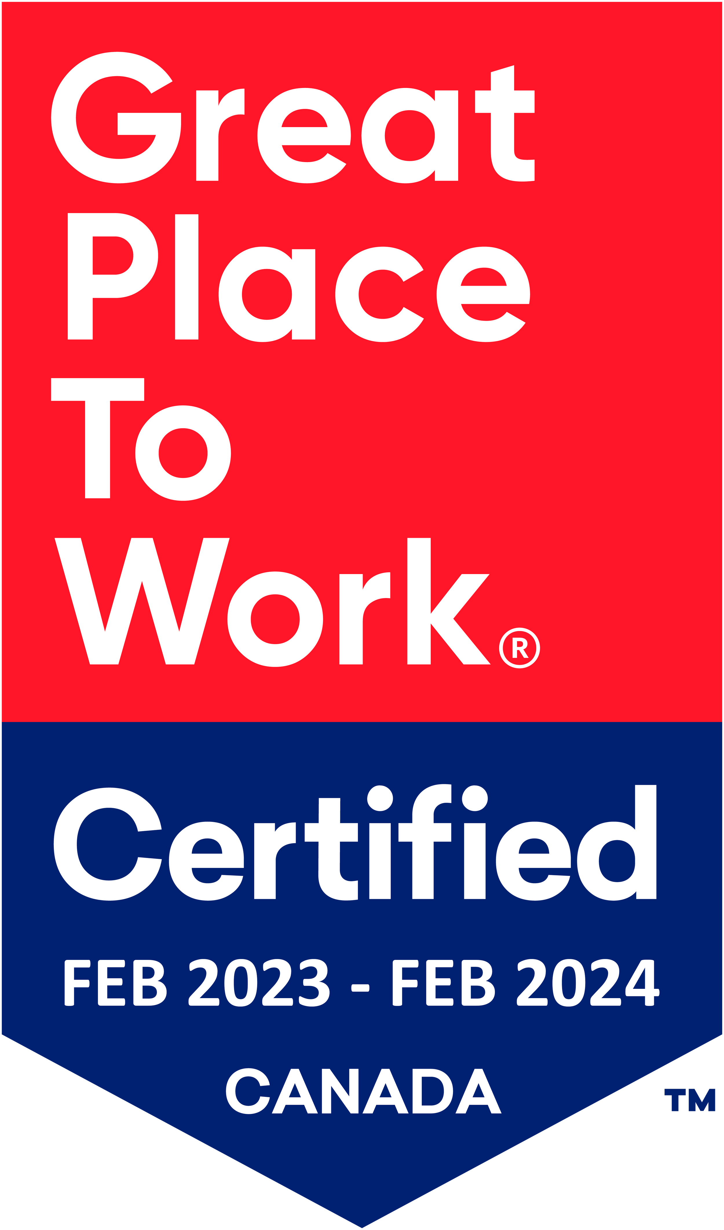 A badge with red and blue background and white text that reads 'Great Place to Work® Certified FEB 2023 - FEB 2024 CANADA'.