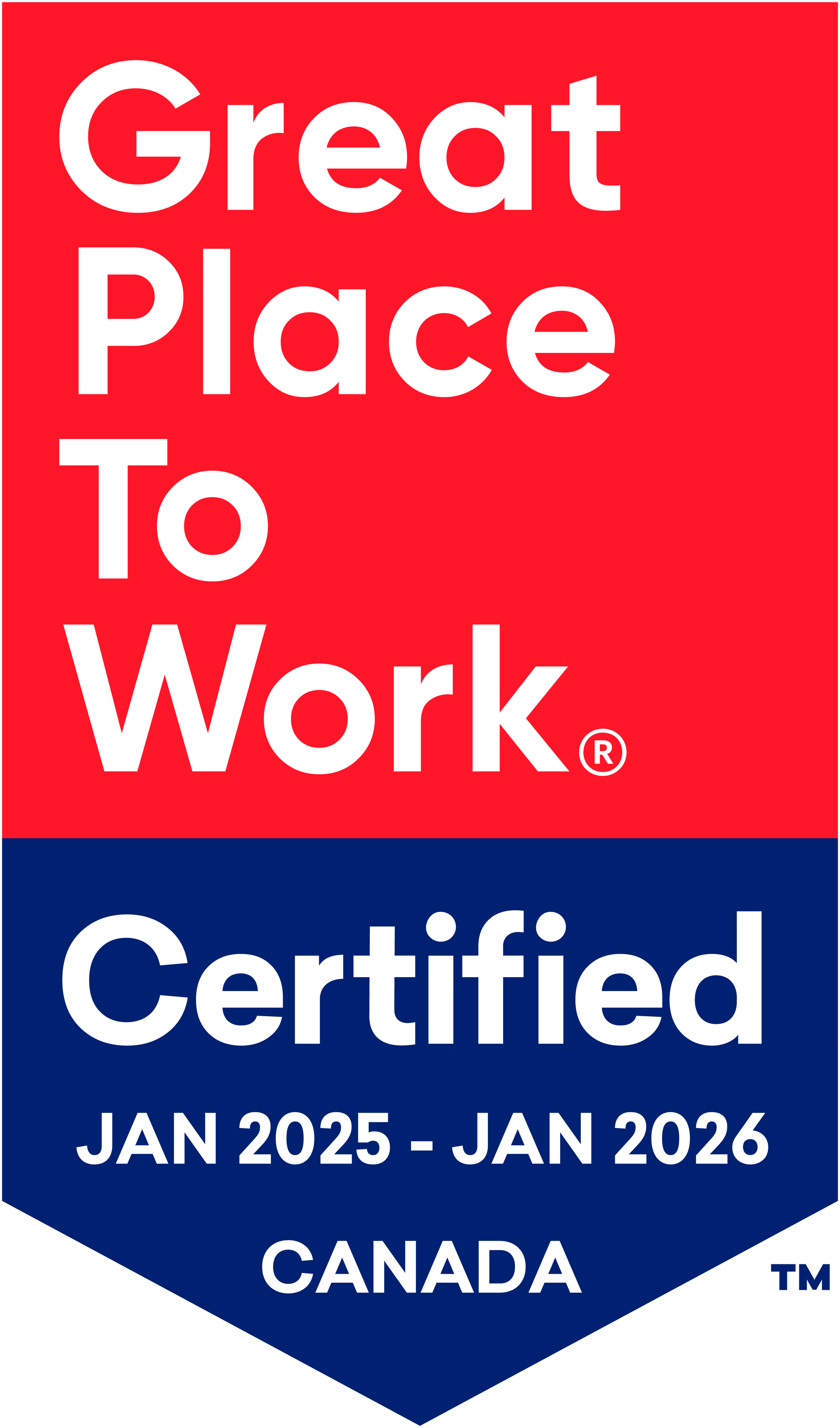 A certification badge with a red top and navy blue bottom. White text on the red reads 'Great Place to Work'. White text on the navy blue reads 'Certified JAN 2025 - JAN 2026 CANADA'.