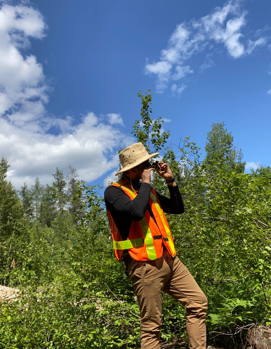 A person wearing a beige wide-brim hat and orange reflective safety vest using binoculars outdoors among green trees and shrubs, with a blue sky and scattered clouds overhead.