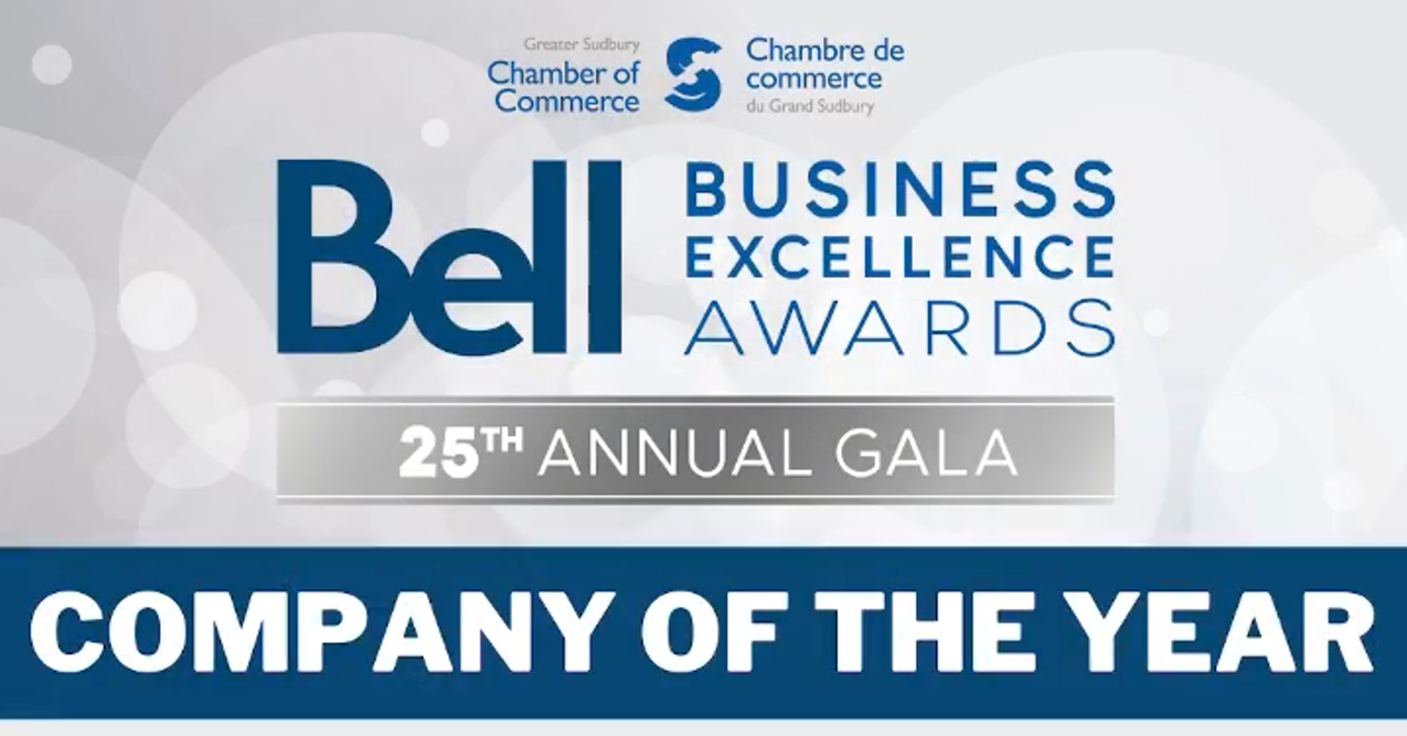 Banner for the Bell Business Excellence Awards 25th Annual Gala, presented by the Greater Sudbury Chamber of Commerce, with text 'Company of the Year' and logos for the Greater Sudbury Chamber of Commerce.
