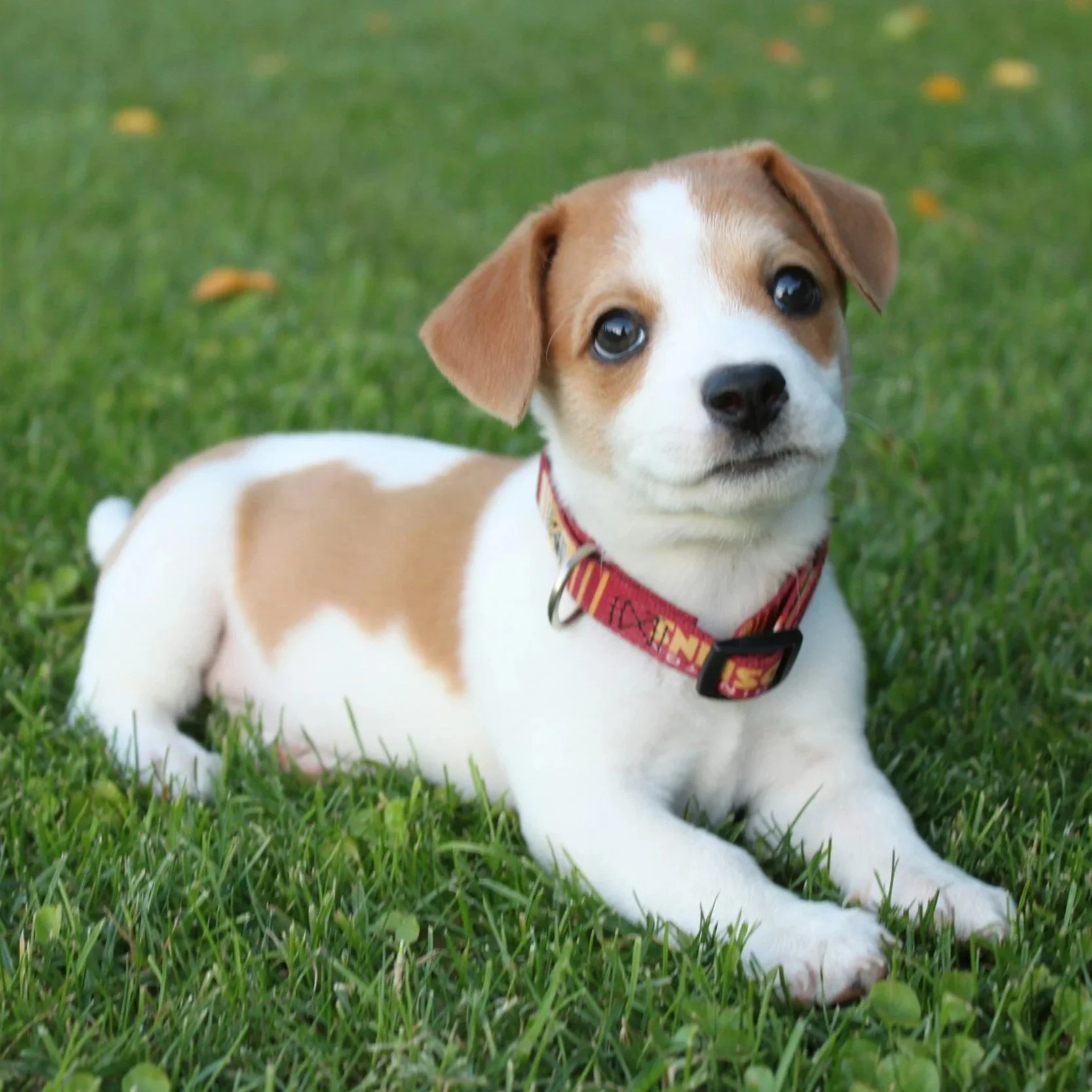 Cute puppy lying on green grass, with brown and white fur, wearing a red collar.