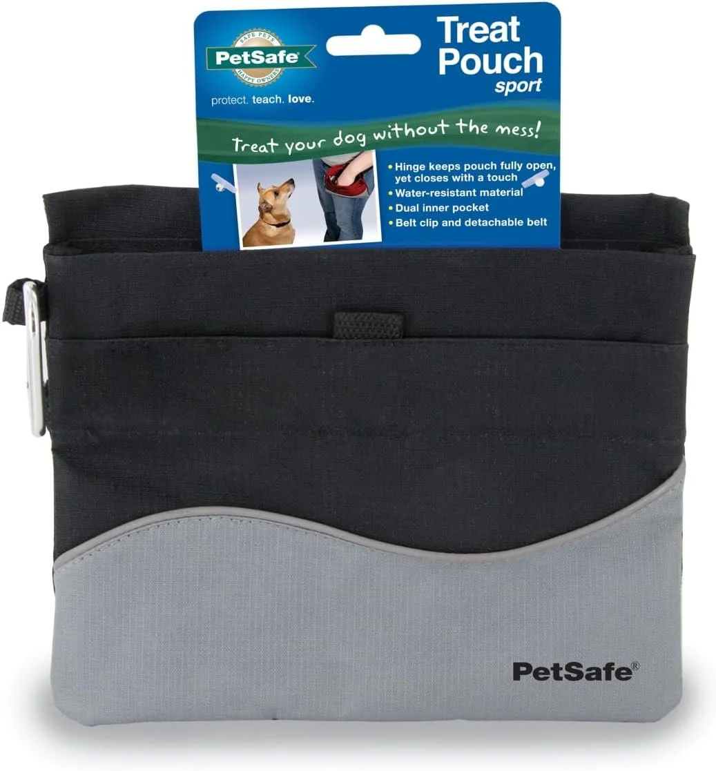 A gray and black dog training pouch by the company PetSafe on a soft-white background.