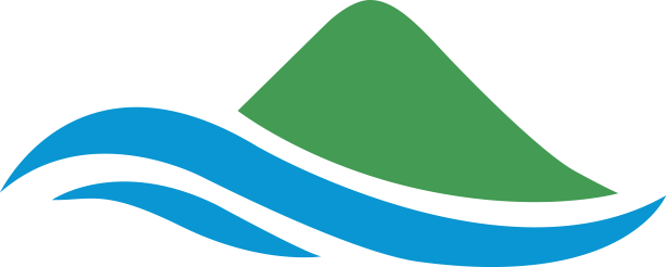 Logo with green mountain and blue wavy lines.