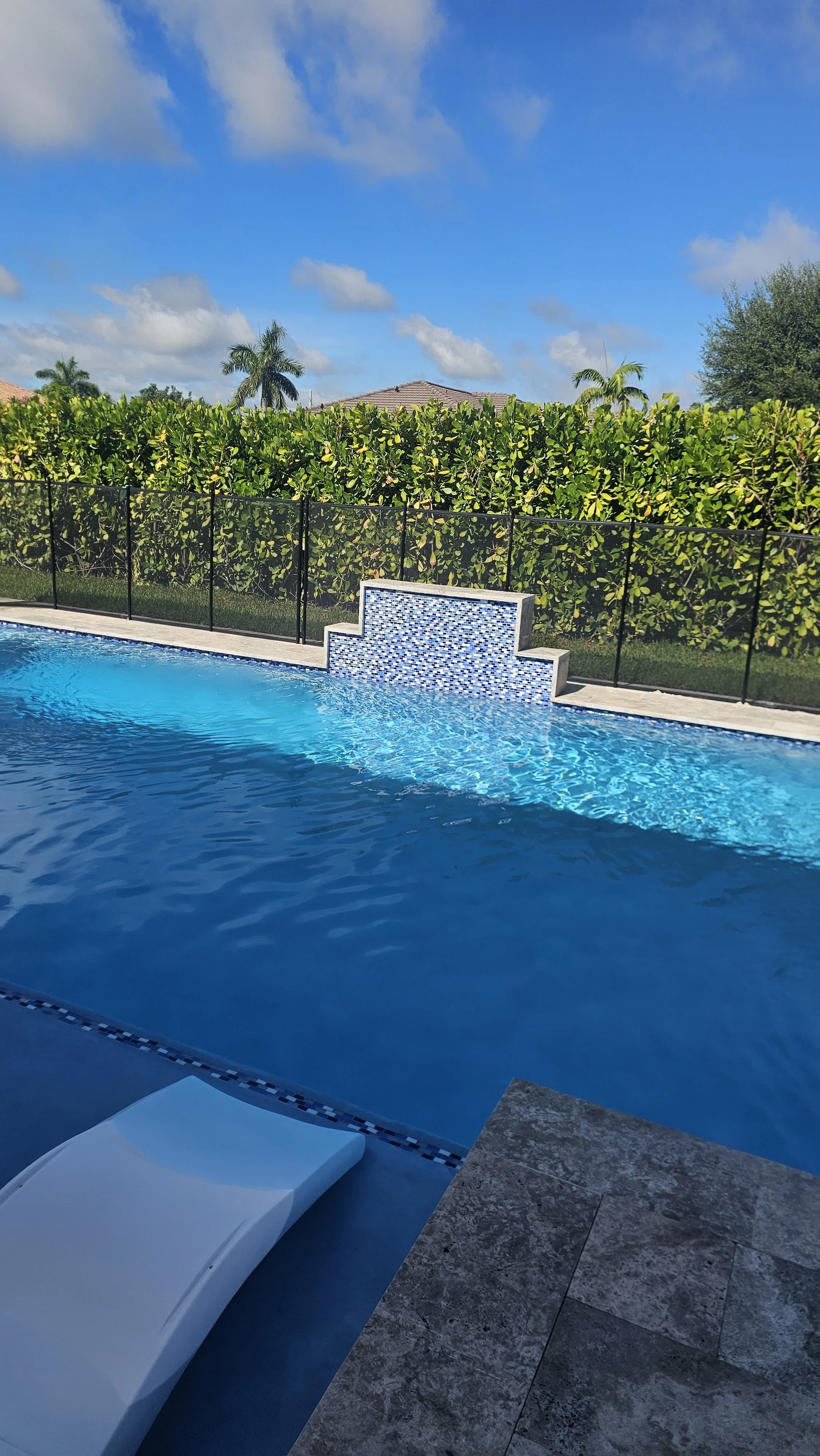 Residential swimming pool with a pool shower, surrounded by a fence and green hedge, with a house and palm trees in the background under a partly cloudy blue sky.