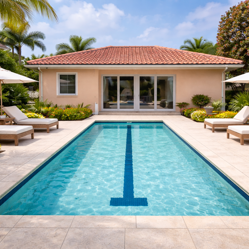 A backyard view of a swimming pool with a small building, lounge chairs, umbrellas, and tropical plants surrounding it.