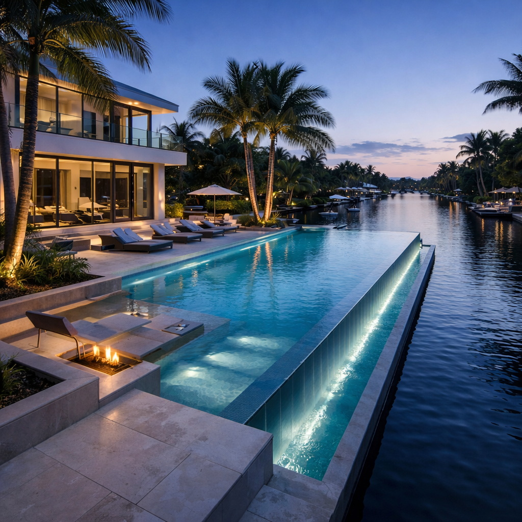 Luxury modern house with a swimming pool overlooking a waterway lined with palm trees at sunset.