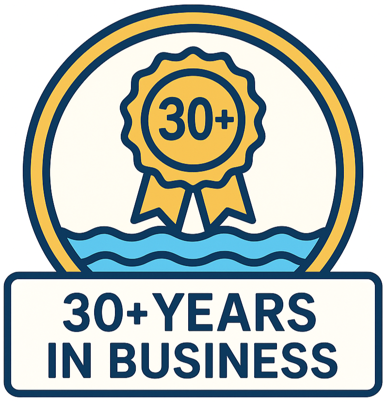 A badge with a gold ribbon that says "30+" and a background of blue waves, symbolizing over 30 years in business.