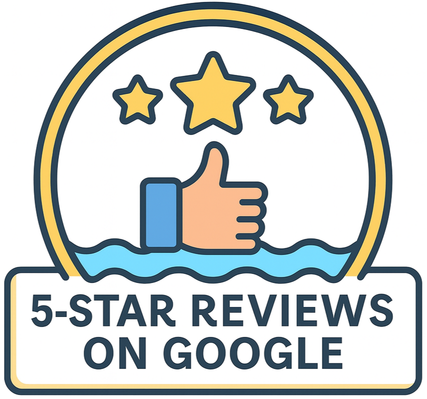 An illustration of a five-star review badge with a thumbs-up hand emerging from water, surrounded by a circular border, and the text "5-star reviews on Google" at the bottom.