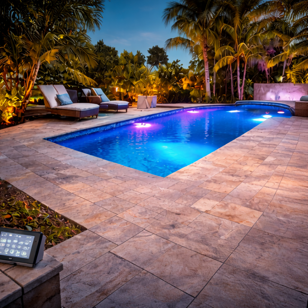 An outdoor swimming pool illuminated with blue and purple lights, surrounded by lounge chairs, palm trees, and evening sky.