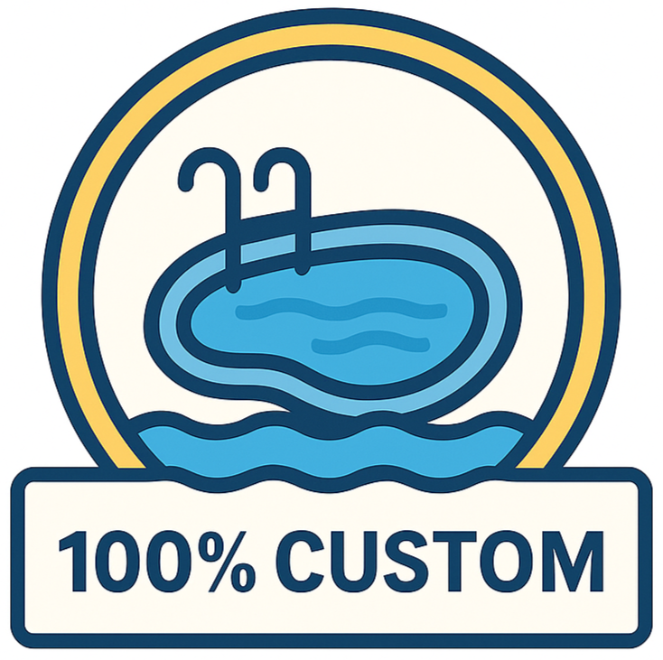A circular emblem featuring a swimming pool with a ladder, with the text '100% Custom' at the bottom.