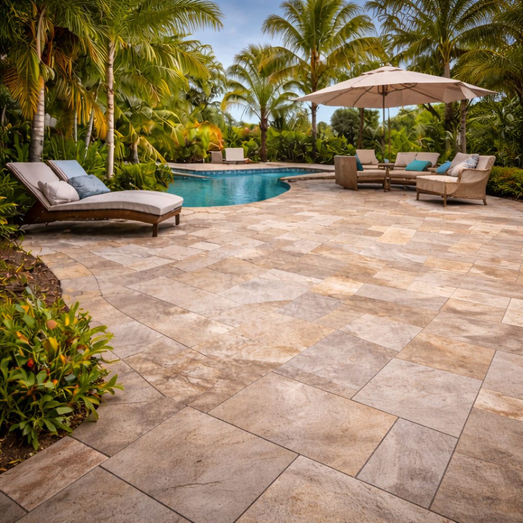 Tropical outdoor pool area with lounge chairs, outdoor sofa, large umbrella, and lush palm trees surrounding the swimming pool with clear blue water.