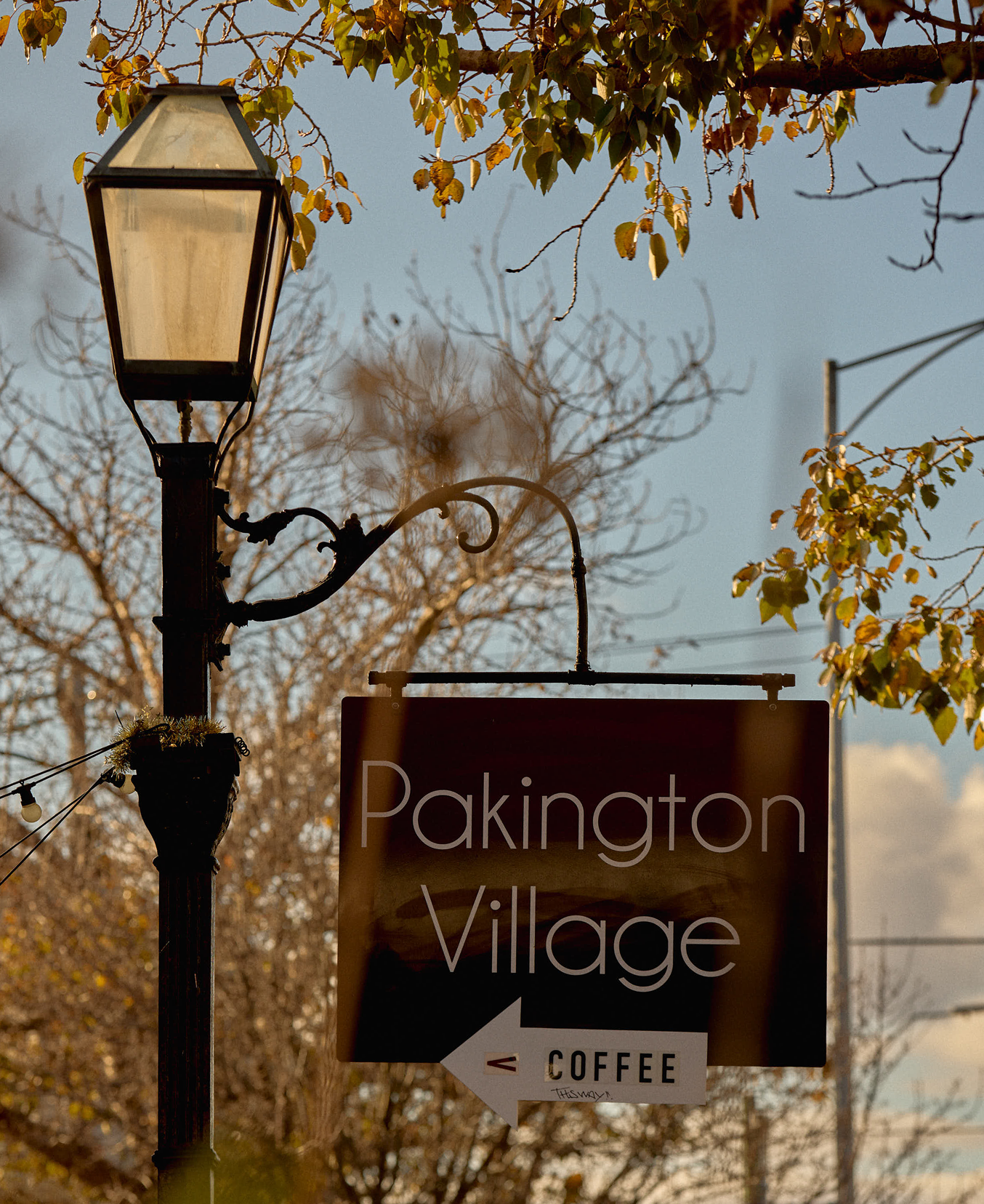 A street sign for Pakington Village with an arrow pointing left indicating coffee nearby, mounted on a decorative black pole under a lamp post, with trees and a clear sky in the background.