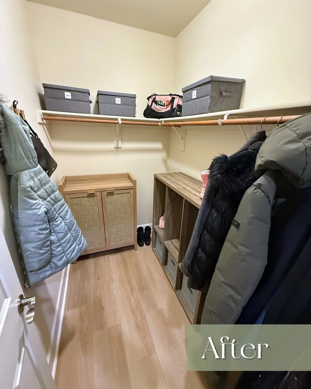 From overflow closet &rarr; functional mudroom ✨

This space had become a catch-all, so we reset it with function in mind.

The homeowners plan to sell within the next year, so instead of custom built-ins, we created a flexible solution that delivers
