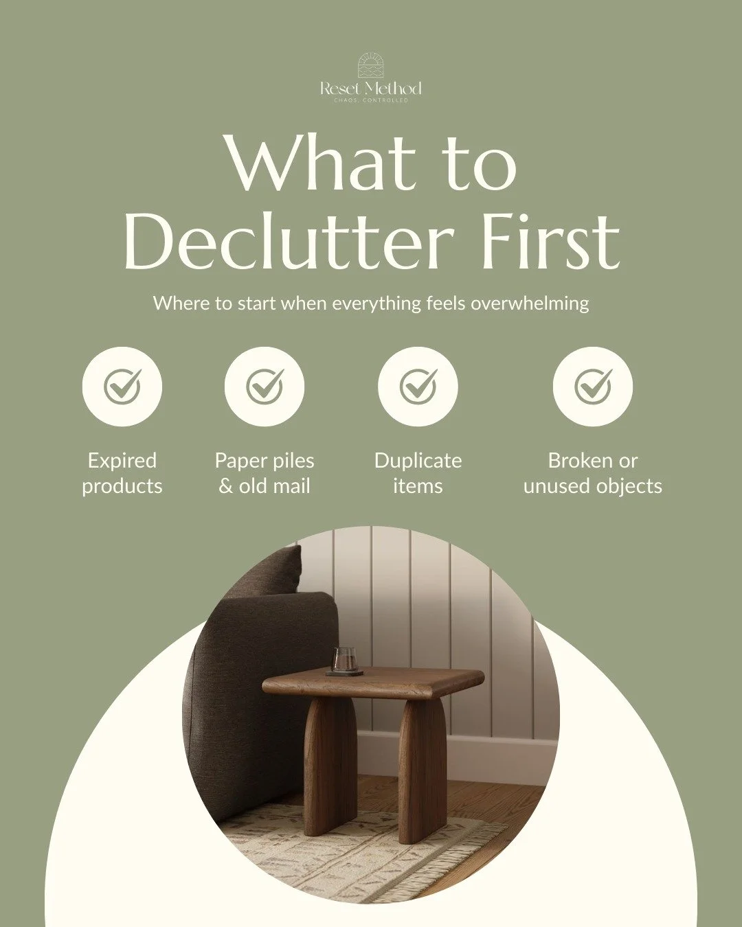 Feeling overwhelmed by clutter? 
Start small and start smart 🌿

At Reset Method, we guide you to the easiest wins first: expired products, paper piles, duplicates, and broken or unused items. 

These quick edits create instant breathing room and bui