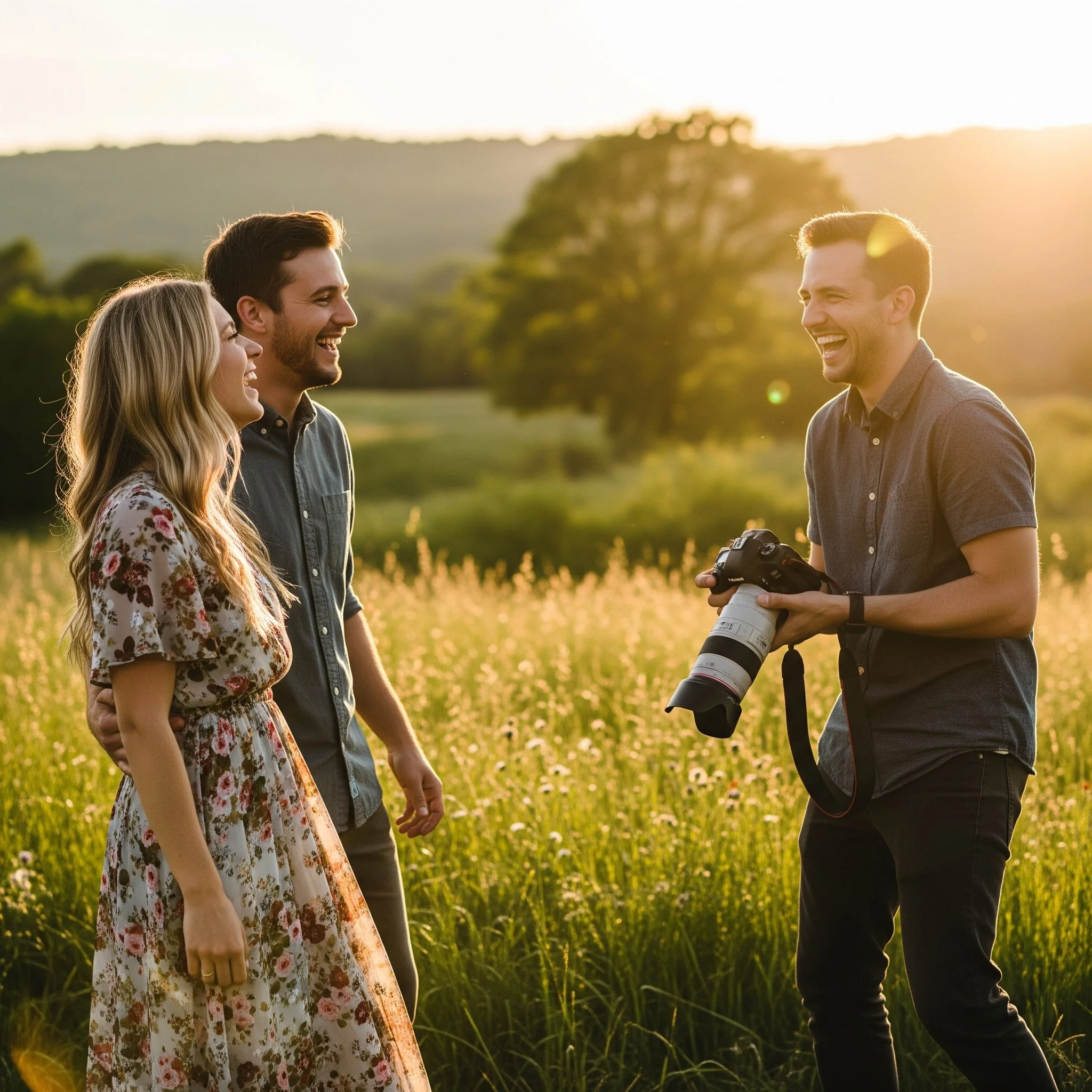 Three people smiling and laughing in a grassy field at sunset; one holds a camera with a large lens.