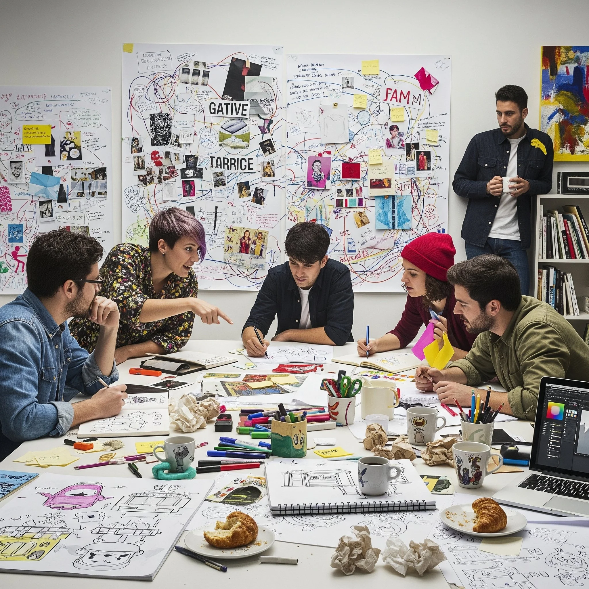 Group of young people in a creative meeting or brainstorming session around a cluttered table with sketches, markers, coffee cups, and snacks, in a room with large mood boards and a bookshelf.