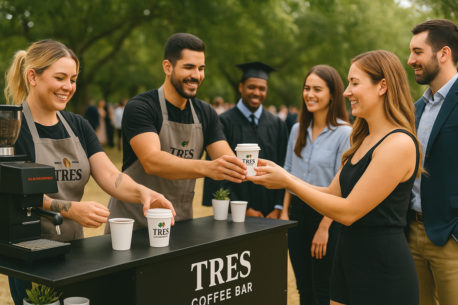 A group of people at an outdoor coffee bar, with two employees handing a cup to a smiling woman. The coffee bar has a sign that reads "TRES Coffee Bar" and is set up in a park with green trees in the background.