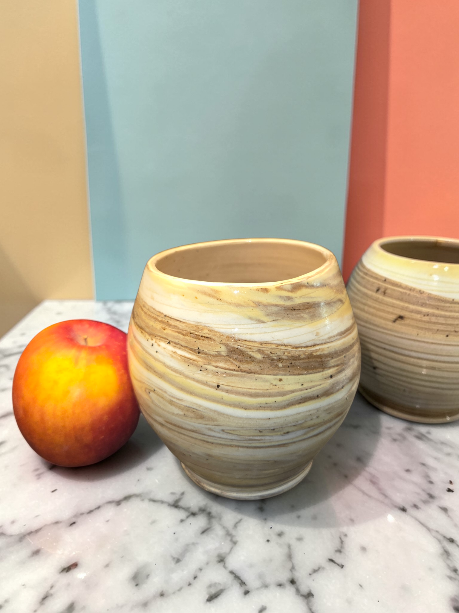Brown, yellow, and white marbled vase