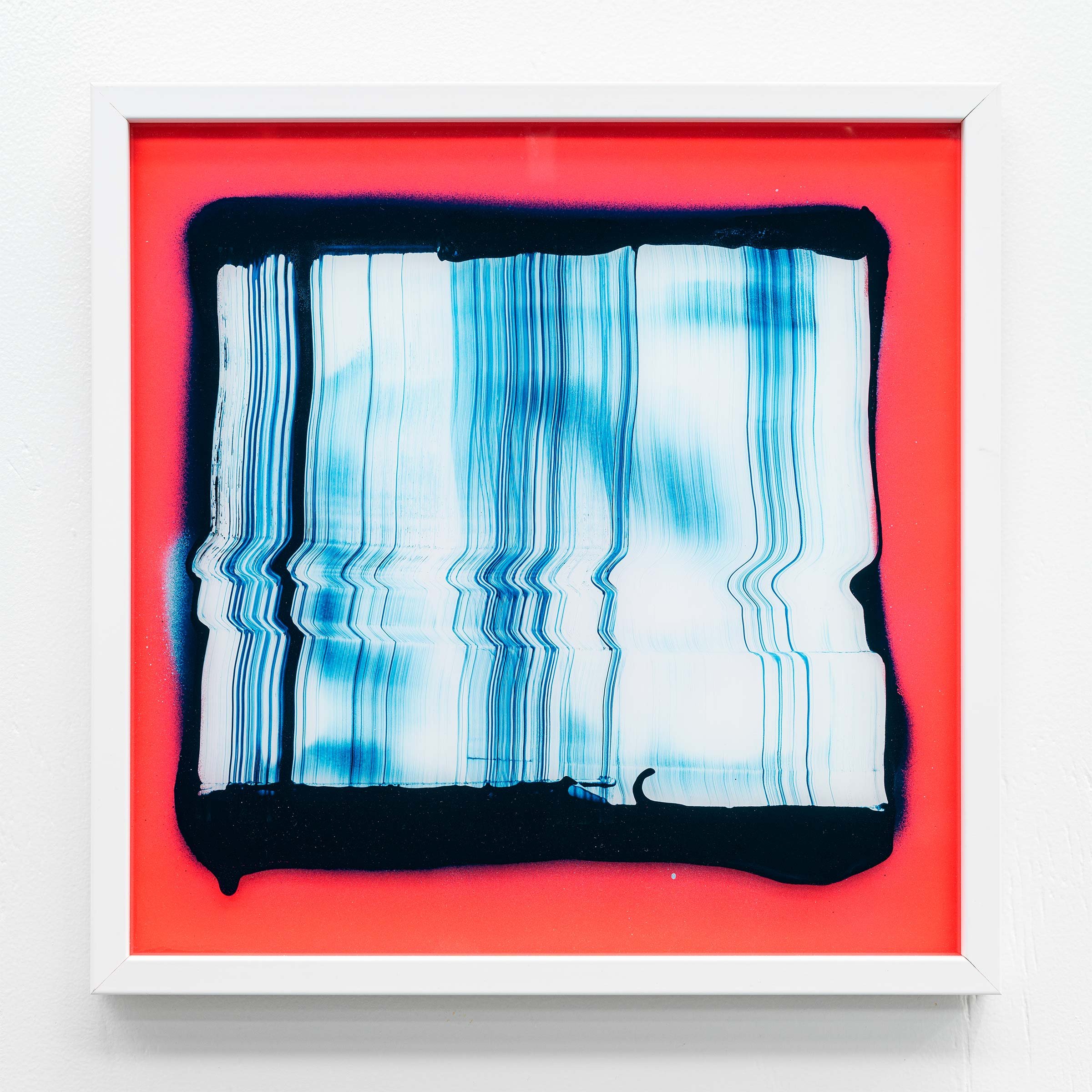 Abstract artwork with vertical blue and white lines on a red background.