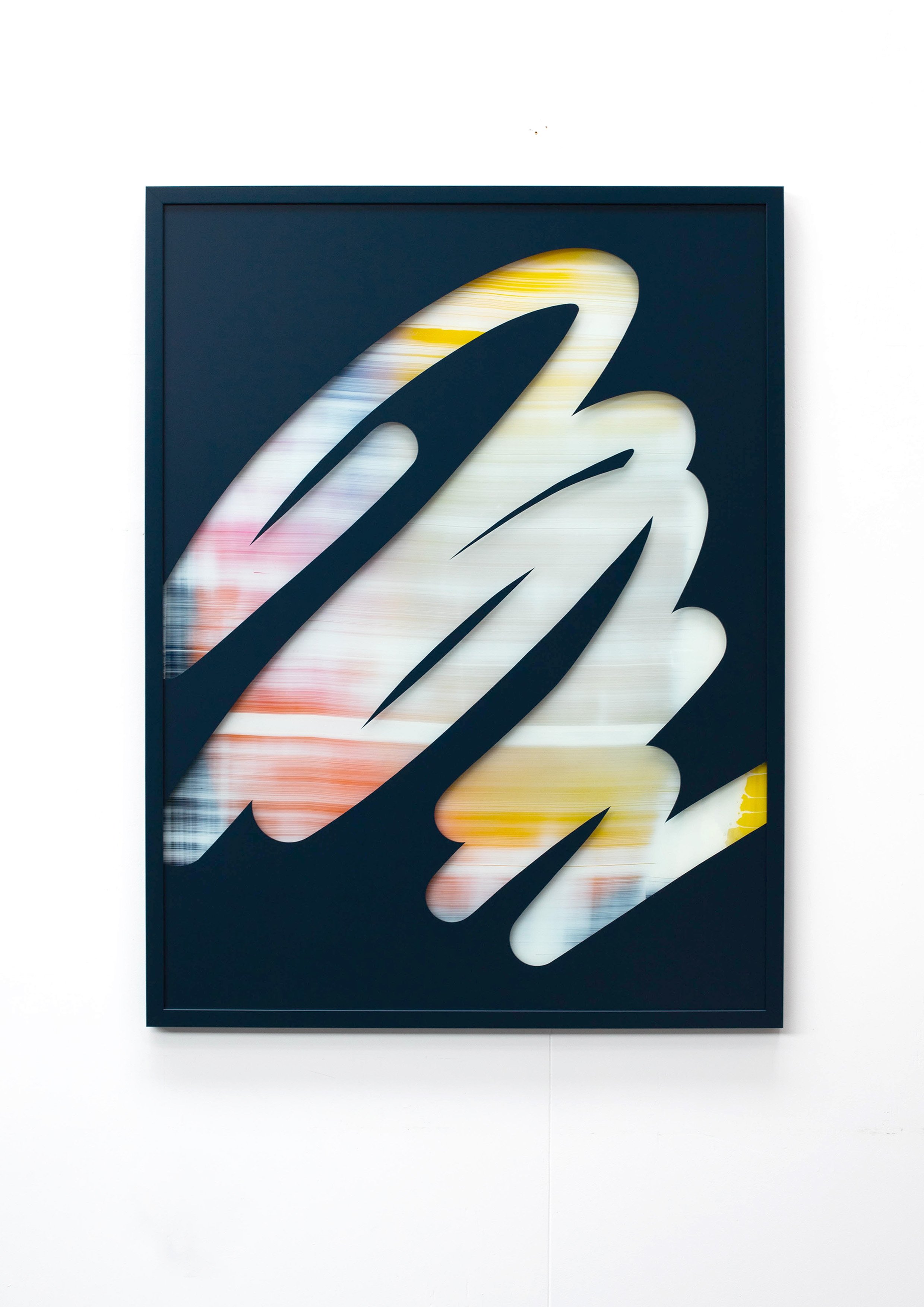Christchurch, New Zealand artist, Nathan Ingram's Contemporary art piece with bold black cutout shapes over a blurred colorful background on a white wall.