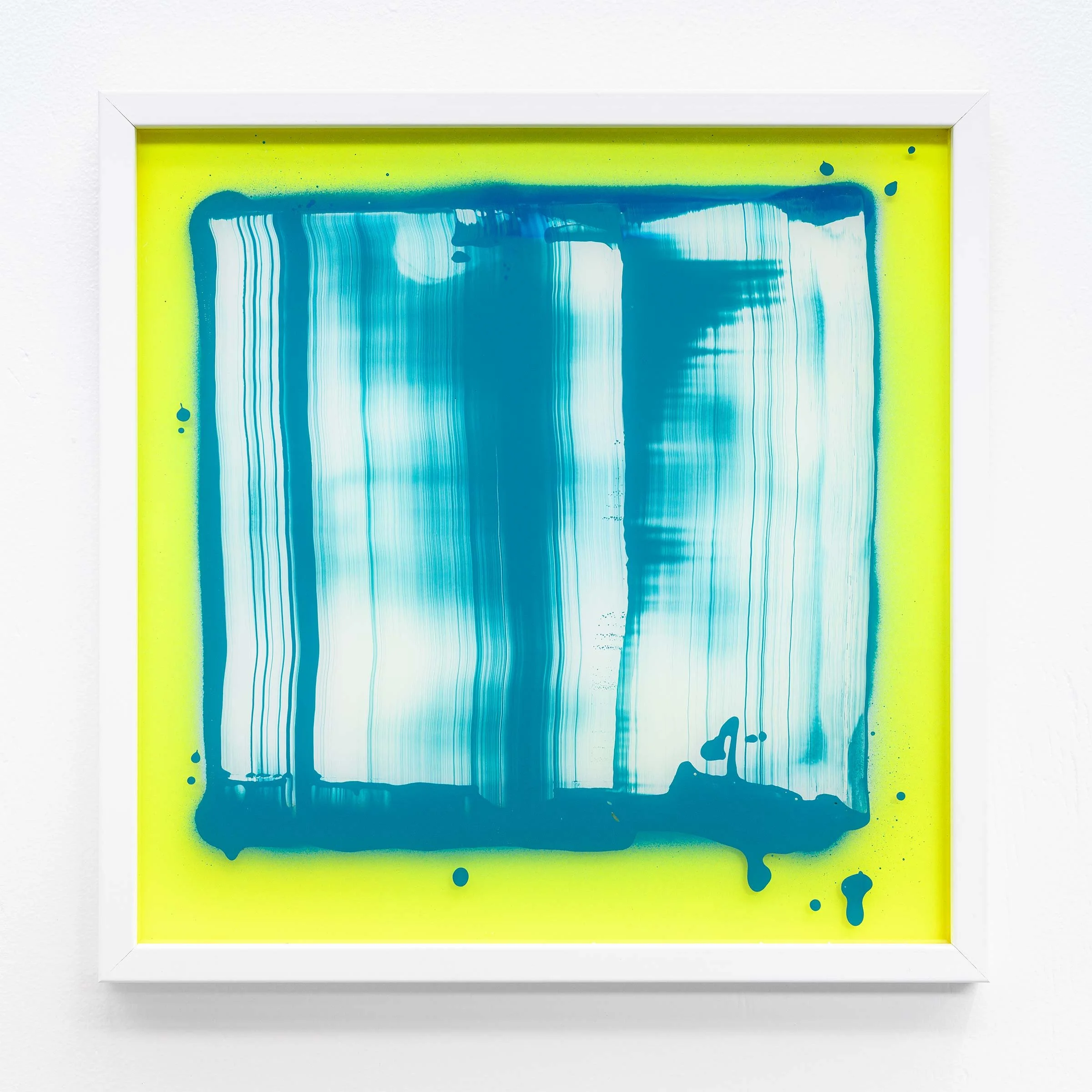 Christchurch, New Zealand artist, Nathan Ingram's abstract painting with horizontal blue and white streaks on a yellow background, framed in white.