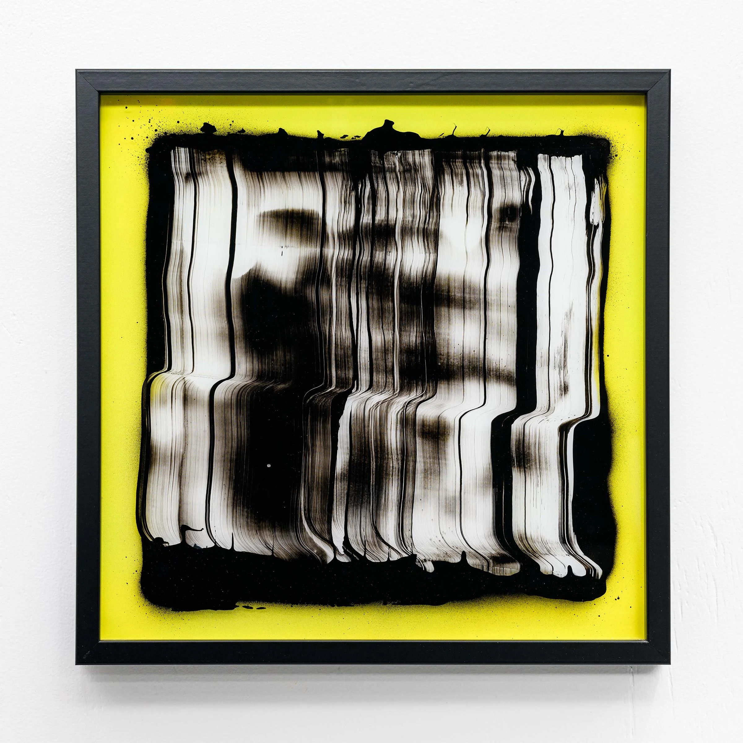 Abstract black and white artwork with distorted vertical lines framed in black, with a yellow background.