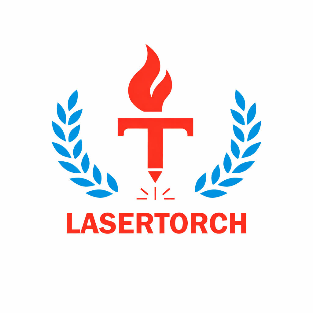 A logo featuring a red torch with a flame, flanked by blue laurel branches, and the text 'LASERTORCH' in red below.