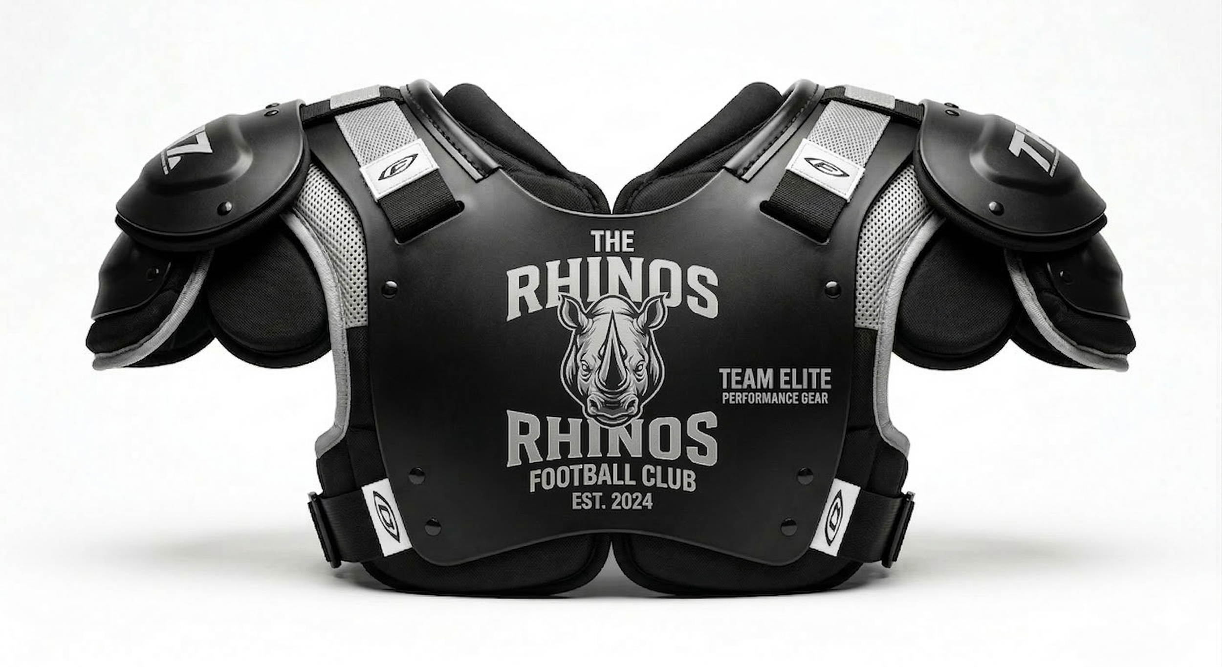 Protective football shoulder pads with the logo of the Rhinos Football Club and team information.