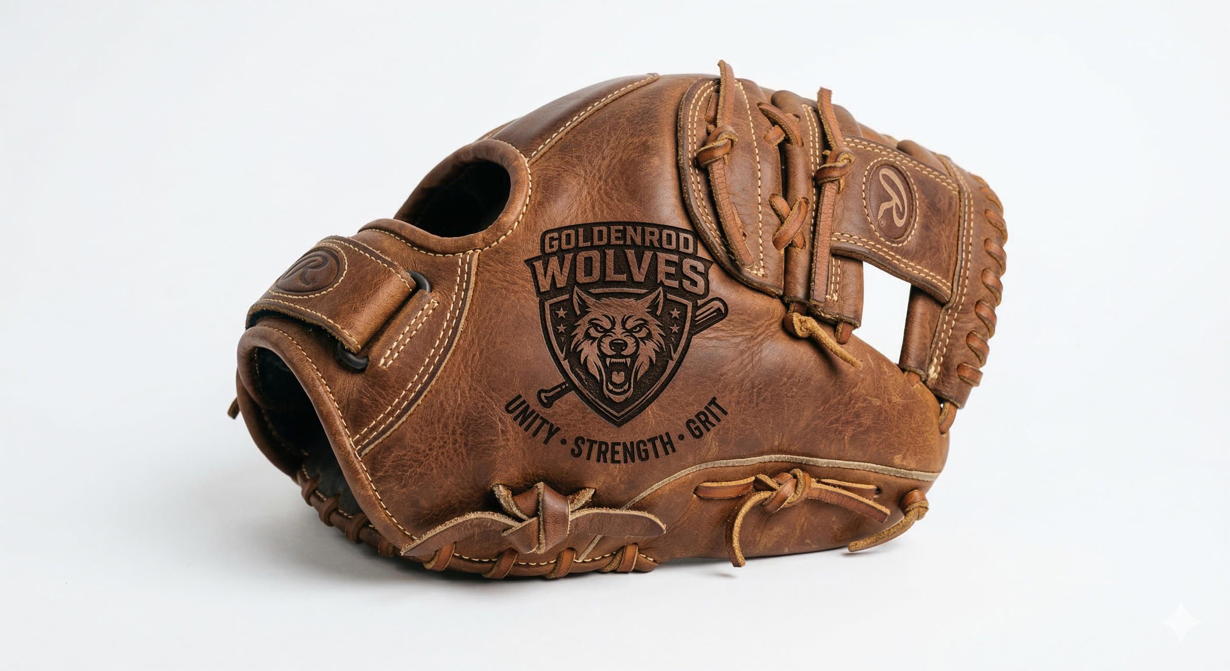 A brown leather baseball glove with a logo for Goldenrod Wolves and the words 'Unity Strength Grit' on it.